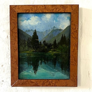 Romantische Szene am Bergsee, Feines altes Gemälde, 1918