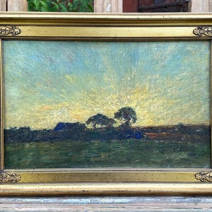 Impressionistiskt landskap vid solnedgången, symbolistisk, fin oljemålning från 1900
