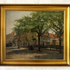Summer idyll in Christianshavn, Copenhagen, fine oil painting around 1900