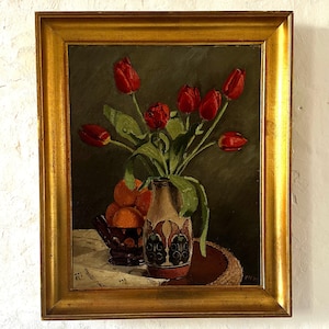 Tulips in Art Nouveau Vase, Still Life, Old Painting from 1925