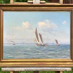 Marine painter, sailor and steamship in front of the city, Danish oil painting around 1910
