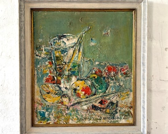 Expressionist still life with fruit and pipe, oil painting around 1950