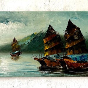 Junks off the coast, modern, oil painting around 1960