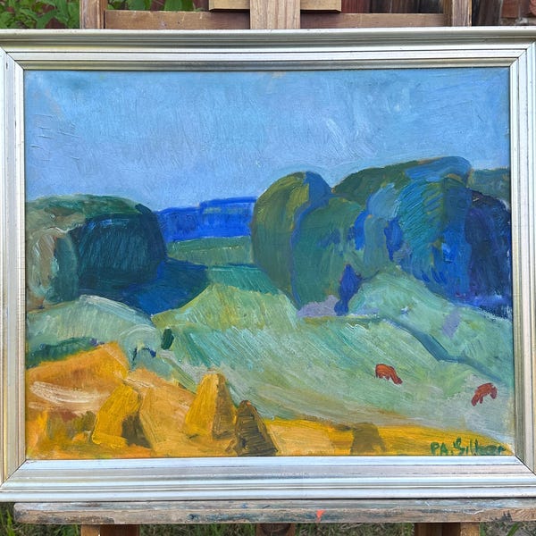 Expressionistische Erntelandschaft, Skandinavisches Ölgemälde um 1950