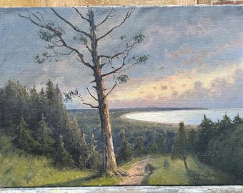 May include: Oil painting of a landscape featuring a tall tree in the foreground, a winding path, and a body of water in the distance. The sky is filled with soft clouds, and the overall color palette is muted with greens, browns, and blues.