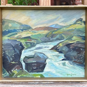 Expressionistisk, forsande bergsbäck, oljemålning cirka 1950