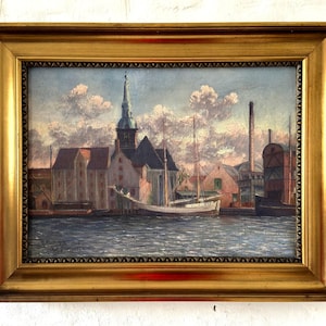 Cargo sailing ship in the city harbor of Copenhagen, oil painting from 1927
