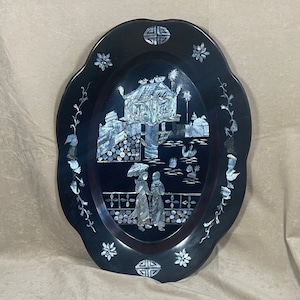 Vintage 1960s Midcentury Modern MCM Asian Lacquerware Tray with Mother of Pearl Inlay Scene
