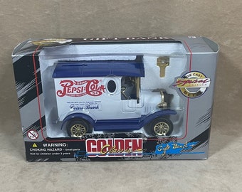 Vintage 1996 Golden Wheel Die Cast Locking Blue Roof Pepsi Delivery Truck Bank with Keys New in Box NIB