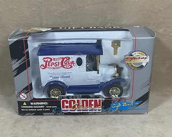 Vintage 1996 Golden Wheel Die Cast Locking Blue Roof Pepsi Delivery Truck Bank with Keys New in Box NIB