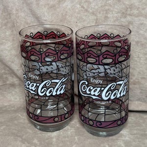 Vintage 1980s (2) Coca-Cola Stained Glass Drinking Glasses Glassware Kitchenware Coke Collectibles