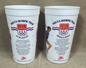 Vintage 1988 Pair (2) McDonalds Coca-Cola United States Olympic Team Track & Field and Gymnastics Plastic Cups