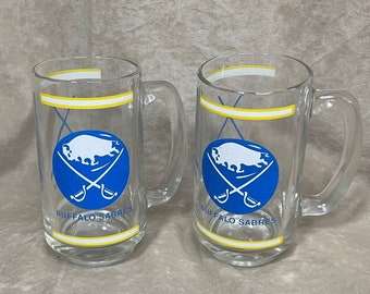 Vintage 1980s National Hockey League NHL Buffalo Sabers (2) Glass Beer Mug Steins Like New