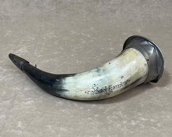 Vintage 19th Century Antique Gunpowder Powder Horn with "Bad Ems" Inscribed