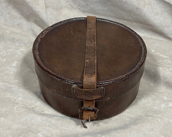 Antique Leather Bains Trunk Hat Box Round Black Victorian 