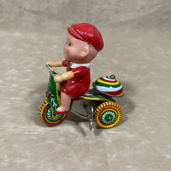 Vintage Ringing Tricycle Wind Up Tin Toy Made in People's Republic of China with Box