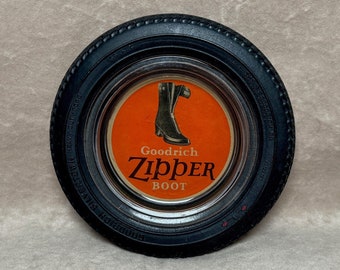 Vintage 1920s Goodrich Zipper Boots Rubber and Glass Ashtray Clear Graphics Like New Condition