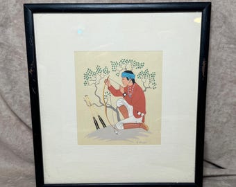 Vintage 1970s Harrison Begay Native American Navajo Matted/Framed Bow and Arrow Screen Print Art *Signed* Tewa Enterprises