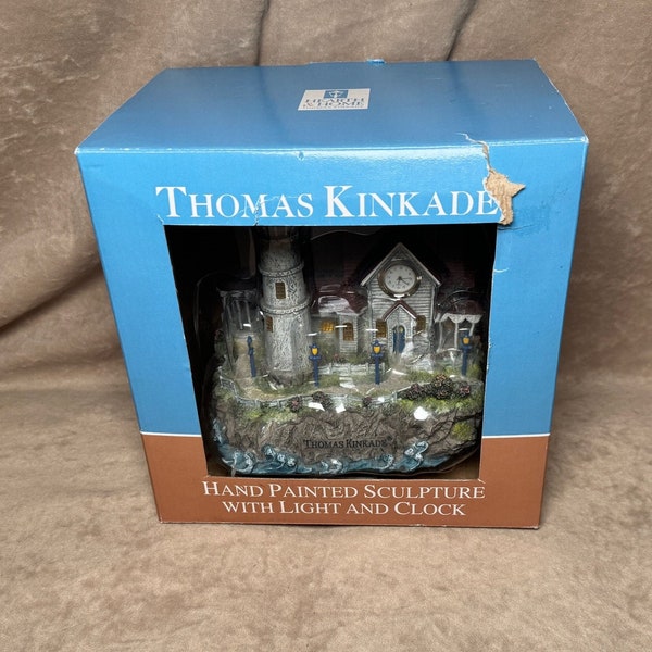 Vintage 2004 Hearth & Home Thomas Kinkade Hand Painted Lighthouse Sculpture with Lights and Clock *New in Box*