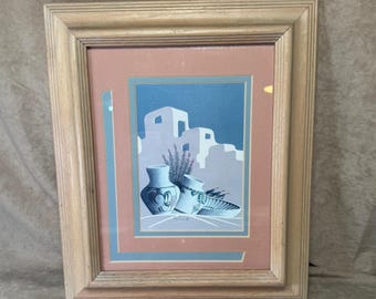 Vintage 1980s Greg Anderson Signed Framed & Matted Pueblo Skyline Southwest Art Hopi Lithograph Print
