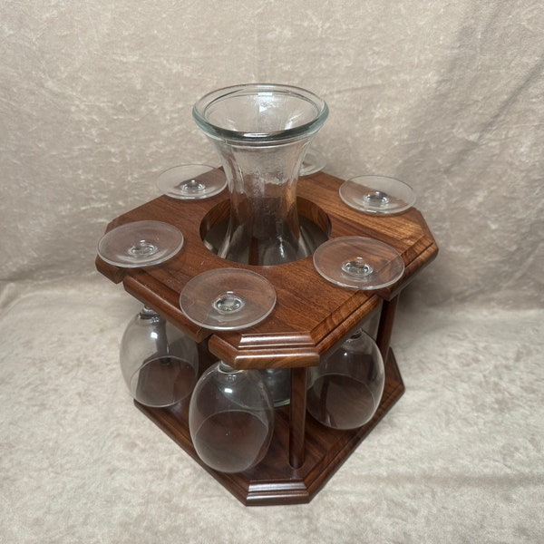 Vintage 1994 Tharpe Handmade Wood Wine Carrier with Decanter and Six French Wine Glasses