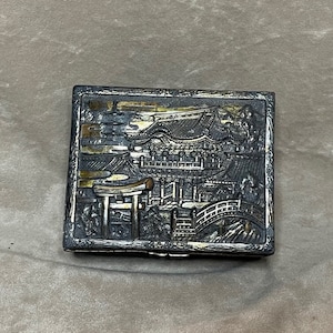 Vintage 1950s/1960s Midcentury Made in Japan Metal Box with Relief Scene and Wood Lining