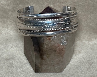 Vintage 1990s .925 Silver Tahe Signed Vintage Navajo Style Stamped Twisted Rope Cuff Bracelet