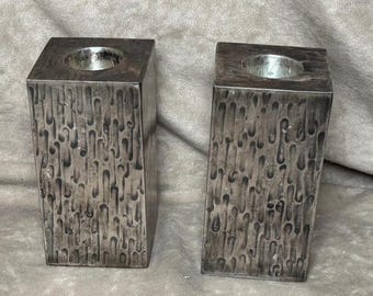 Vintage 1960s Midcentury Lituart Spain Hand Hammered Silver Rectangular Candlestick Pair (2)