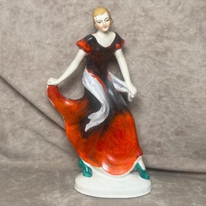 Vintage 1950s Midcentury Japanese Ceramic Figurine Dancing Woman with Red Dress Made in Japan