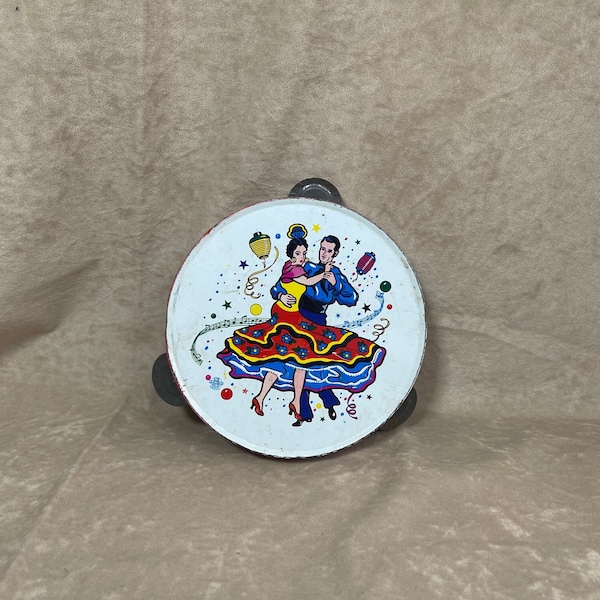 Vintage 1960s Tin Litho Metal Toy Tambourine Instrument with Latin Dancers