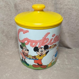 Vintage 1970s J. Chein & CO Walt Disney Productions Tin Cookie Jar with Yellow Plastic Lid Goofy Donald Duck Mickey Mouse Minnie Mouse