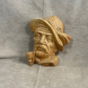 Vintage 1970s Hand Carved Wood Bavarian Man with Pipe Wall Hanging