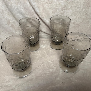Vintage 1960s Set of (4) Morgantown Crinkle Glass Driftwood Smoke Gray Footed Tumblers