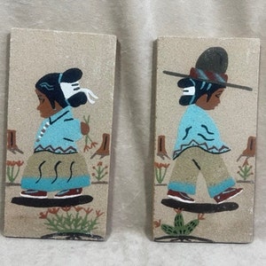 Vintage 1980s (2) Navajo Original Sand Art On Wood Signed By Artist