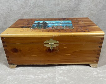 Vintage 1970s Wood Box With Carved Lid and Mountain Scene Outside