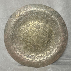 Vintage Antique Large 14&quot; Engraved/Etched Brass Platter Tray Decor Handmade Round