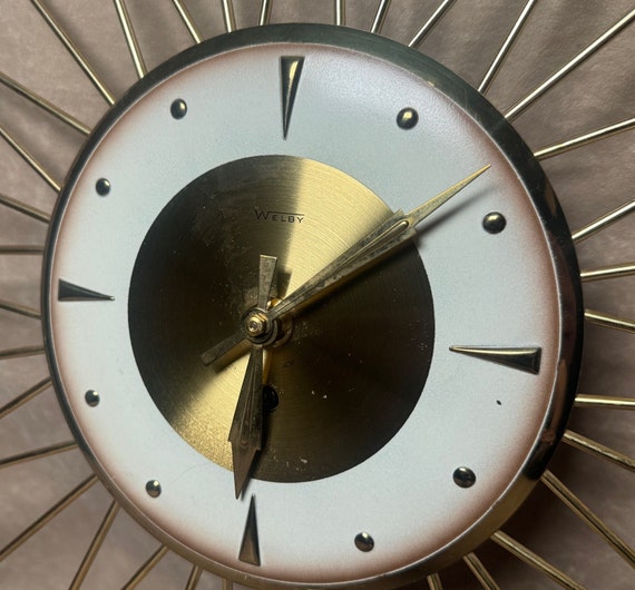 Vintage 1950s Midcentury MCM Metal Welby Starburst Wall Clock Made