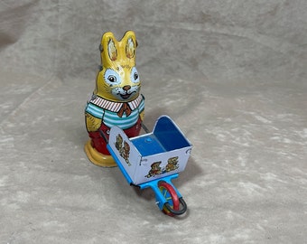 Vintage 1980s Tin Litho Wind Up Toy Bunny with Cart Collectible