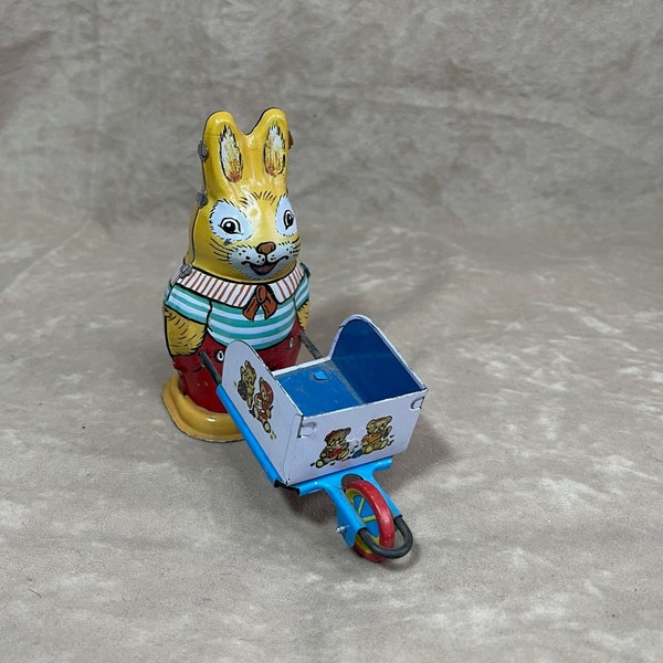 Vintage 1980s Tin Litho Wind Up Toy Bunny with Cart Collectible