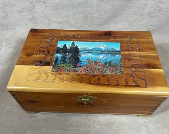 Vintage 1970s Wood Box with Carved Lid and Mountain Scene Outside and Mirror on Inside Lid