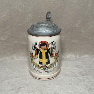 Vintage 1920s Greetings From Munich Gruss Aus Munich Porcelain and Pewter German Beer Stein with Munich Landmarks on Lid