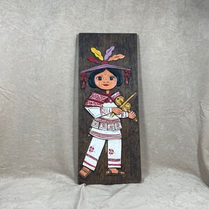 Vintage 1960s Carved Painted Wood Art with Girl and Violin Traditional Clothing