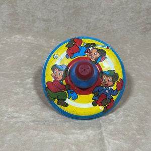 Vintage 1950s Ohio Art Co. 10&quot; Tin Metal Spinning Top with Baseball Bears on Top and Geometric Design on Bottom *works*