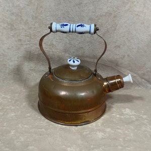 Vintage Copper Tea Kettle w/ Spout Plug Hand Painted Blue and White Ceramic Handles Farm House Rustic French Decor Active