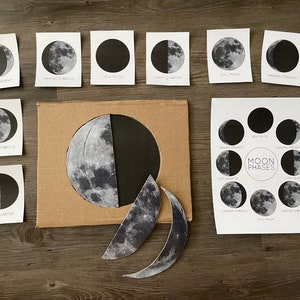 Estudo da unidade lunar das fases da lua // Flashcards da lua em PDF para impressão e quebra-cabeça das fases da lua