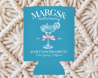 Margs and Matrimony Bachelorette Can Cooler Coastal Theme Party Coozie Custom Beach Cooler Sleeve