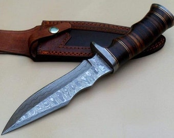 AE#71 Custom Made Damascus Steel Hunting BOWIE Knife With Beautiful Handle & Leather Sheath