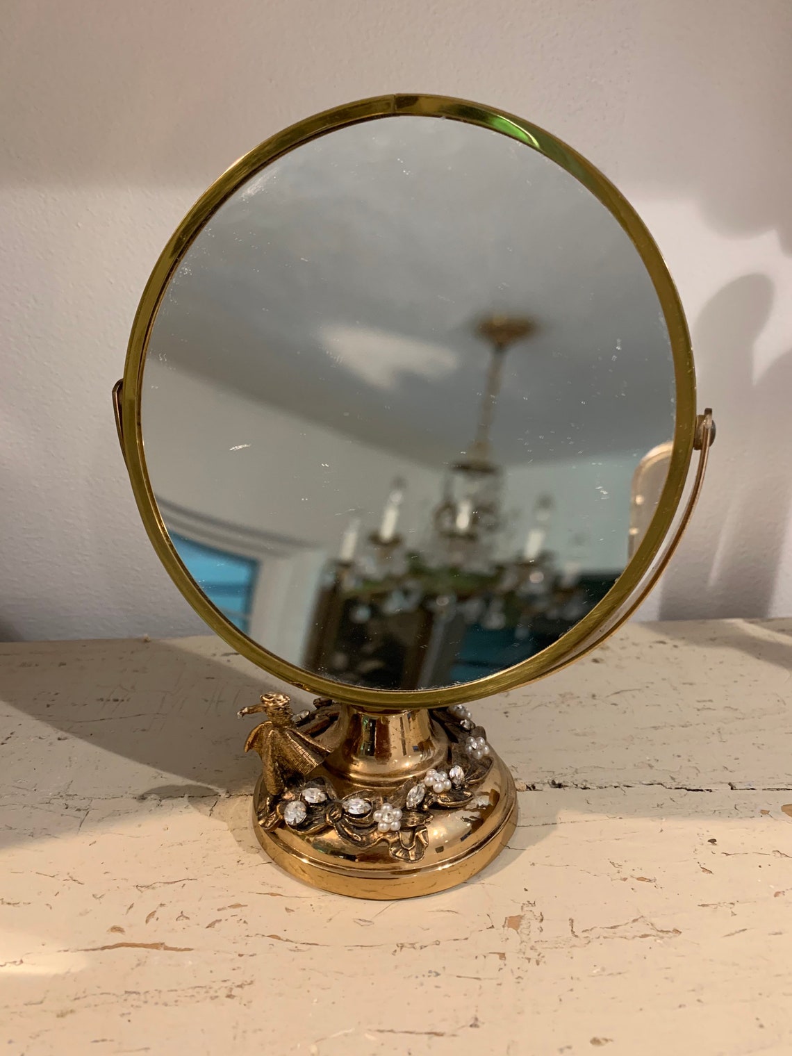 Antique Victorian brass pearl swivel makeup mirror Etsy