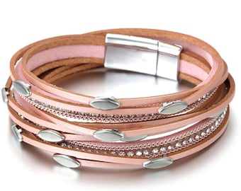 Bracelets en Cuir Multicouche à Double Enrouler Rose pour Femmes