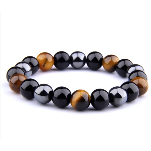 Bracelets Œil de Tigre en Obsidienne et Hématite pour Hommes et Femmes Perles Naturelles Protections Magnétiques Bijoux de Guérisons 19 Cm